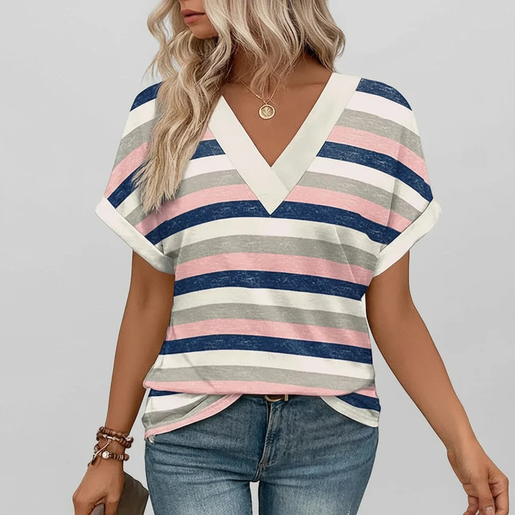 Camiseta Feminina Casual Decote V Soltinha Manga Curta Blusa de Verão