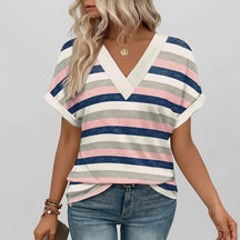 Camiseta Feminina Casual Decote V Soltinha Manga Curta Blusa de Verão