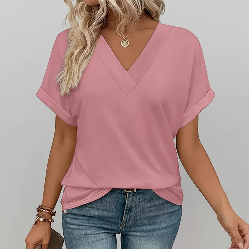 Camiseta Feminina Casual Decote V Soltinha Manga Curta Blusa de Verão