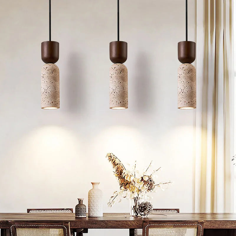 Luminária Pendente Wabi-Sabi de Travertino e Madeira | Iluminação de Cabeceira Minimalista Japonesa