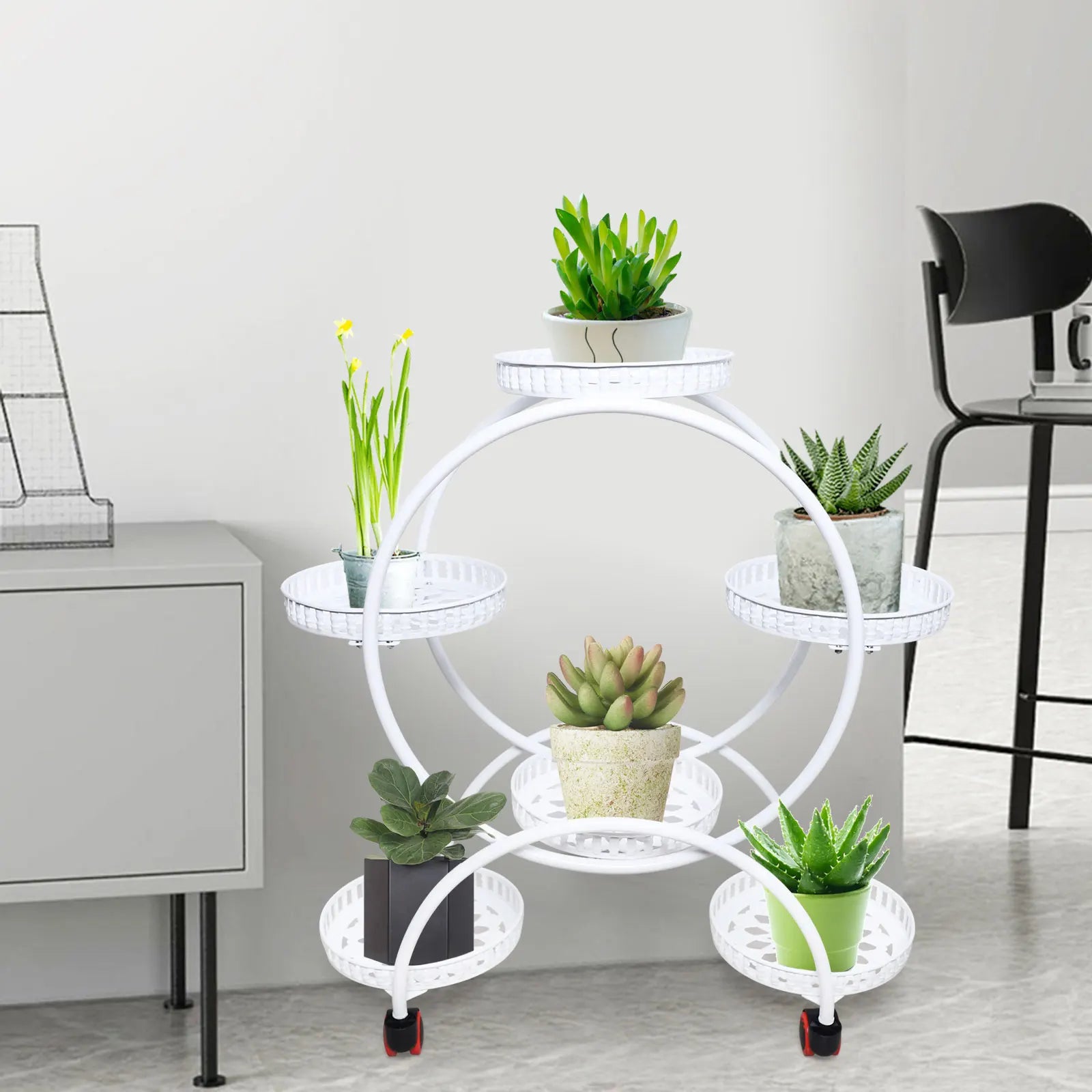 Suporte de Metal para Plantas com Rodízios | Estante para 6 Vasos de Flores para Decoração Interna e Externa