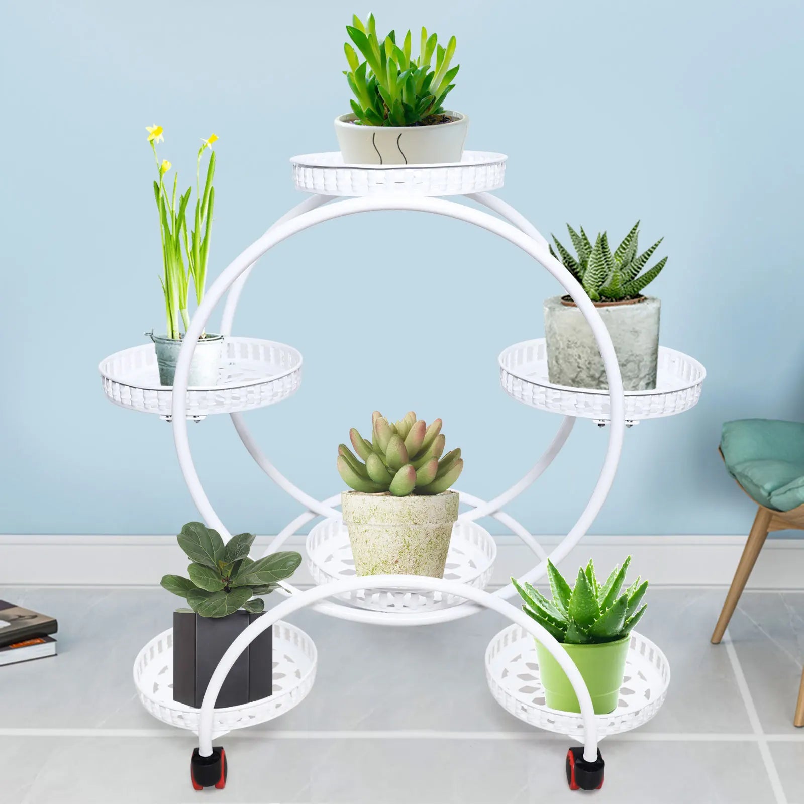Suporte de Metal para Plantas com Rodízios | Estante para 6 Vasos de Flores para Decoração Interna e Externa