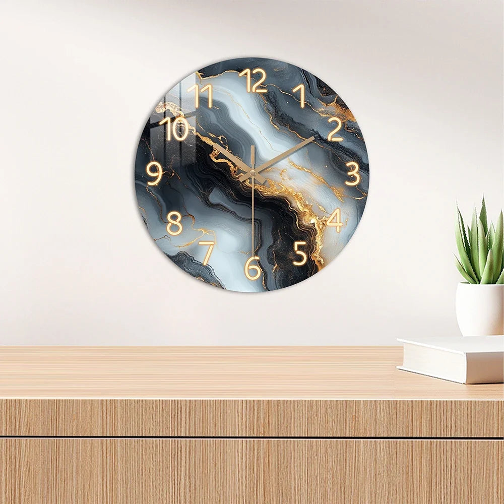 Relógio de Parede de Mármore Azul e Dourado | Design Silencioso em Madeira