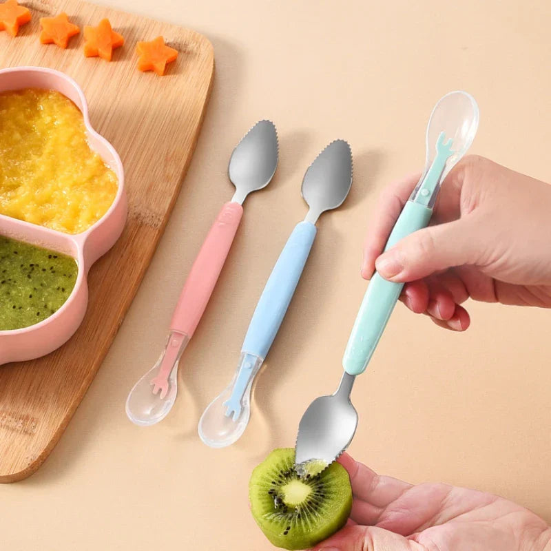 Colher de Silicone com Ponta Dupla para Alimentação de Bebês
