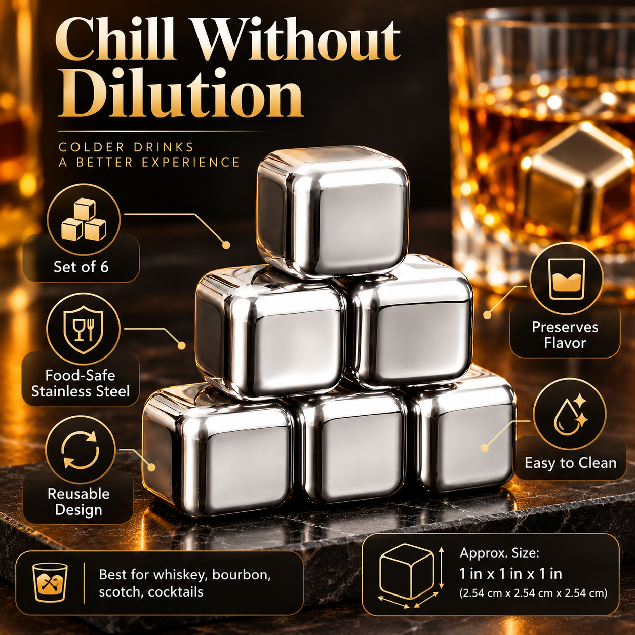 Conjunto de Pedras de Gelo de Aço Inoxidável para Whisky, Reutilizáveis e Seguras para Alimentos