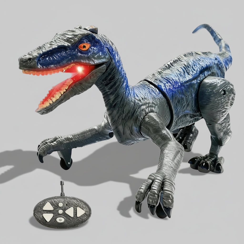 Brinquedo Dinossauro Velociraptor de Controle Remoto com Luz, Som e Spray
