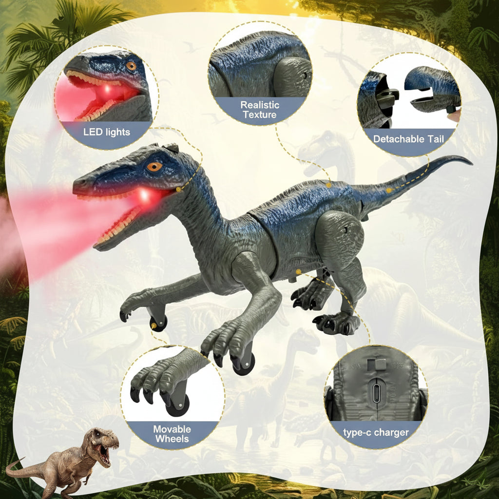 Brinquedo Dinossauro Velociraptor de Controle Remoto com Luz, Som e Spray