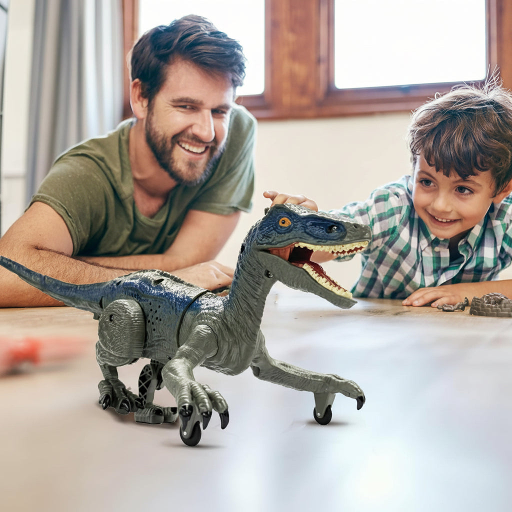 Brinquedo Dinossauro Velociraptor de Controle Remoto com Luz, Som e Spray