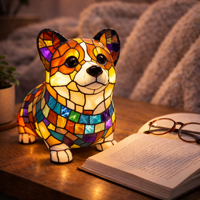LED Table Lamp Dog Figurine Stained Glass Night Light Bedroom