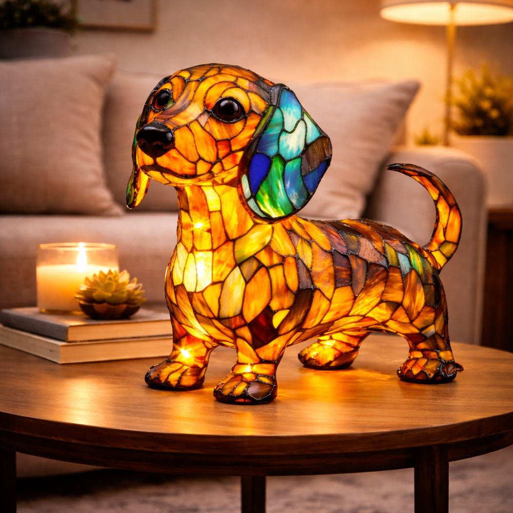 Luminária de Mesa Abajur Tiffany de Cachorro Luz Noturna LED Decorativa