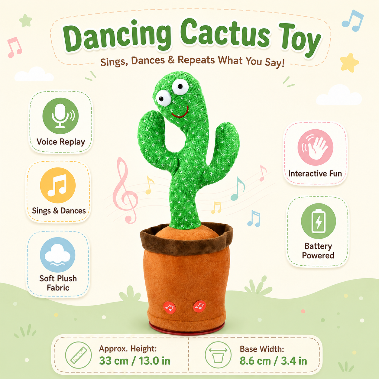 Brinquedo Cacto Falante Musical de Pelúcia Divertido e Interativo