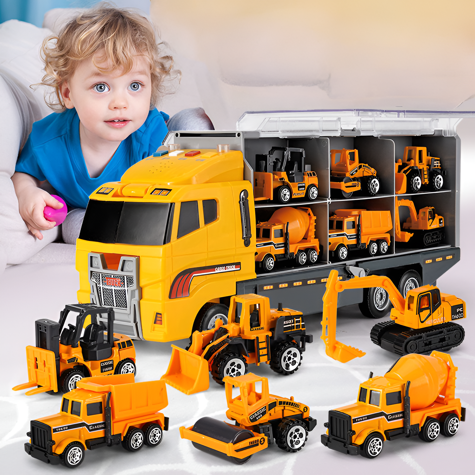 Conjunto de Veículos de Construção de Brinquedo, Kit de Caminhão Cegonha em Miniatura de Liga Metálica