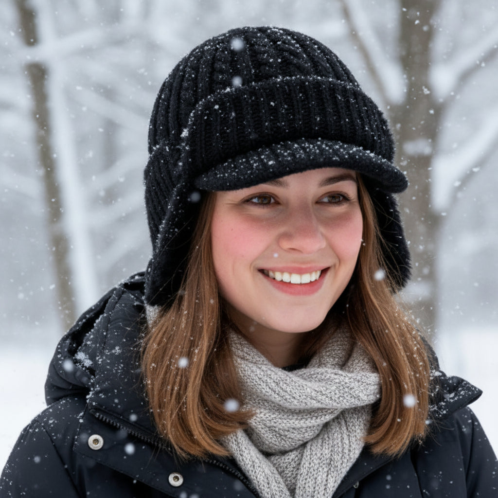 Gorro Trapper de Tricô com Protetor de Orelhas para Frio