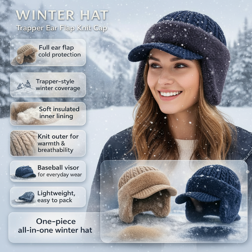 Gorro de Inverno com Protetor de Orelhas Tipo Trapper de Tricô para Frio e Atividades ao Ar Livre
