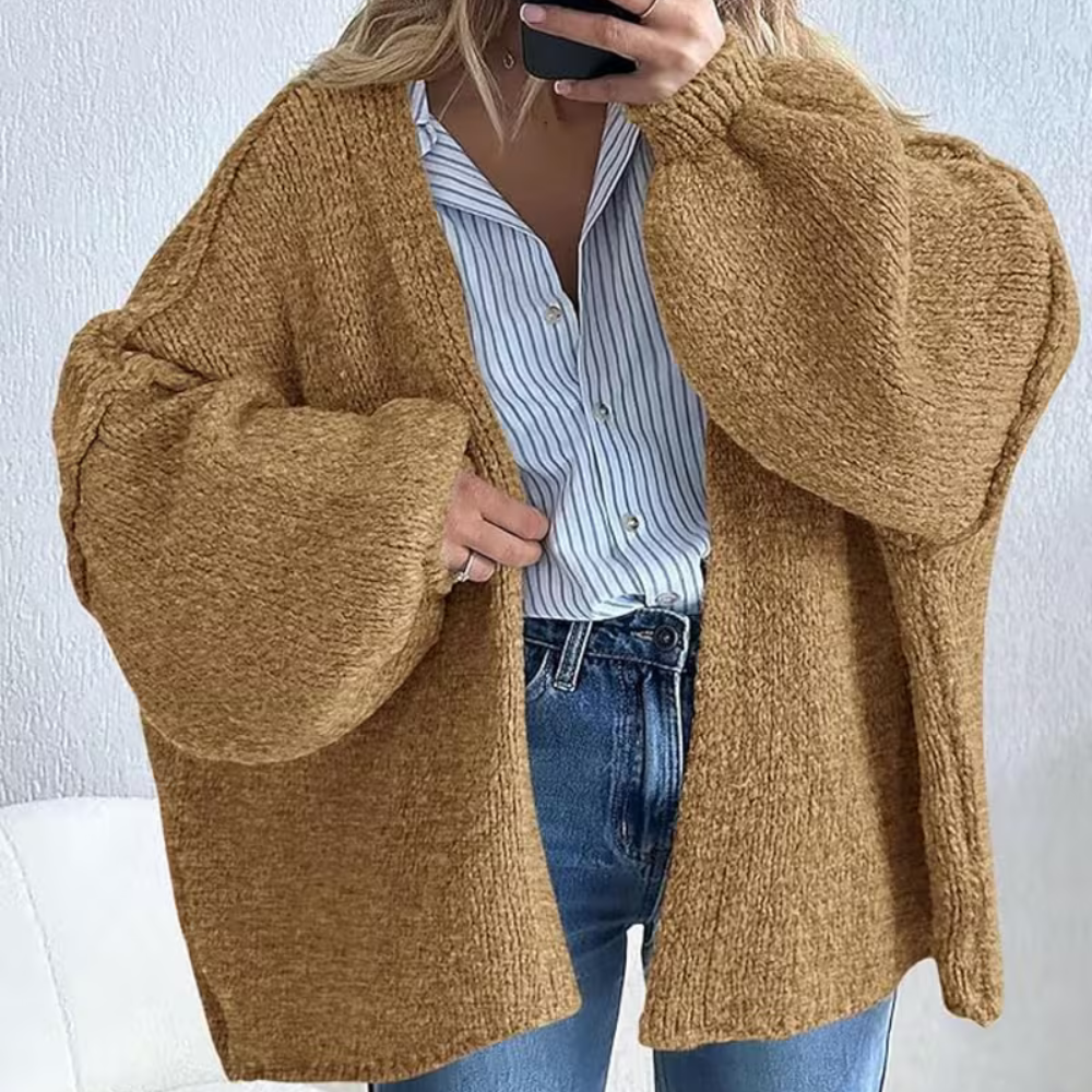 Cardigã Feminino Oversized Aberto com Mangas Bufantes