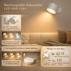 Luminária de Parede LED Recarregável com Suporte Magnético Ajustável
