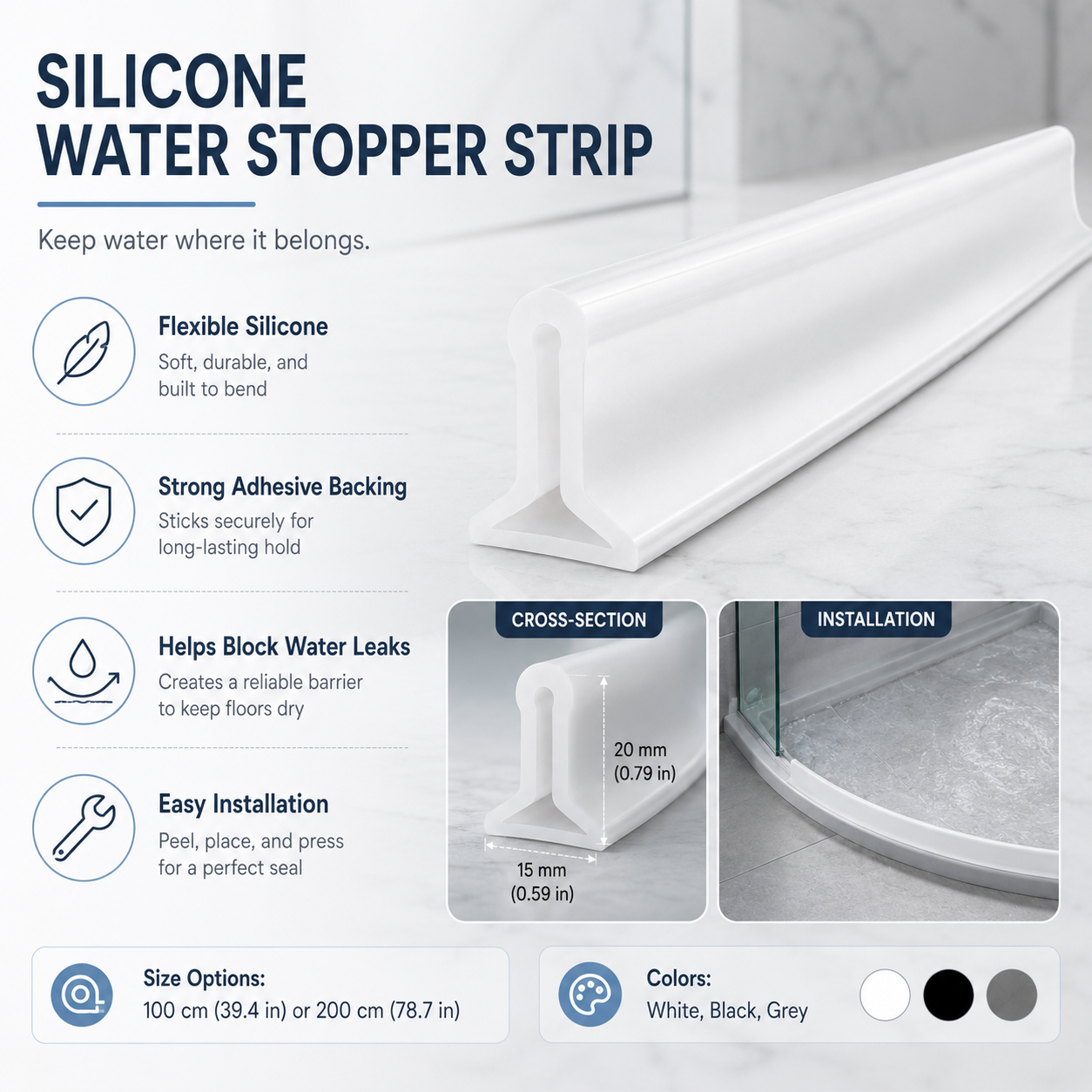 Barreira de Água para Banheiro em Silicone com Adesivo para Vedação de Box