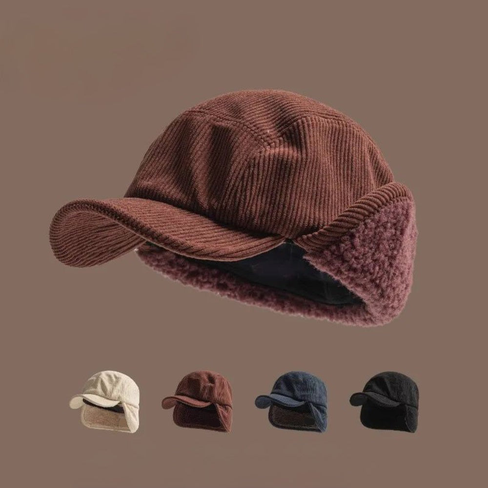 Gorro de Inverno com Protetor de Orelha em Tricô Canelado e Forro de Fleece Unissex