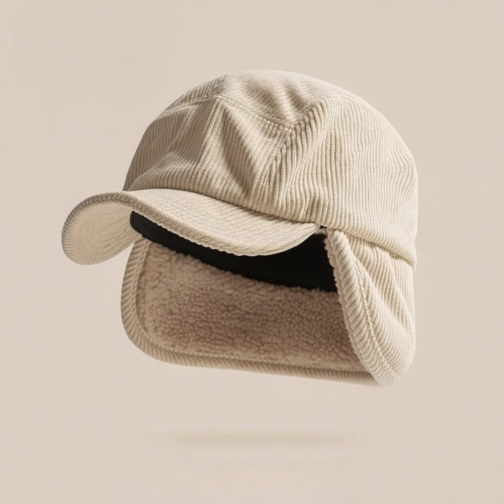 Gorro de Inverno com Protetor de Orelha em Tricô Canelado e Forro de Fleece Unissex