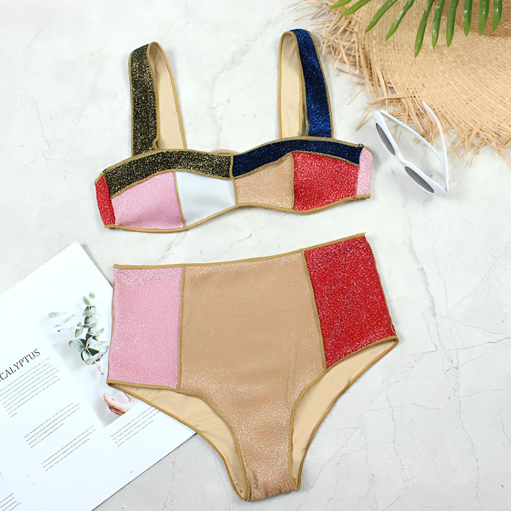 Conjunto de Biquíni Feminino Cintura Alta Moda Praia Roupa de Banho