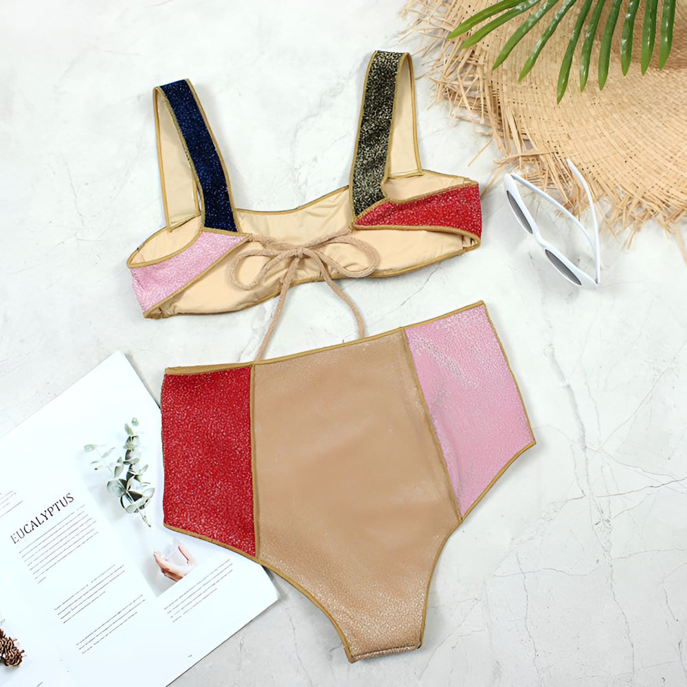 Conjunto de Biquíni Feminino Cintura Alta Moda Praia Roupa de Banho