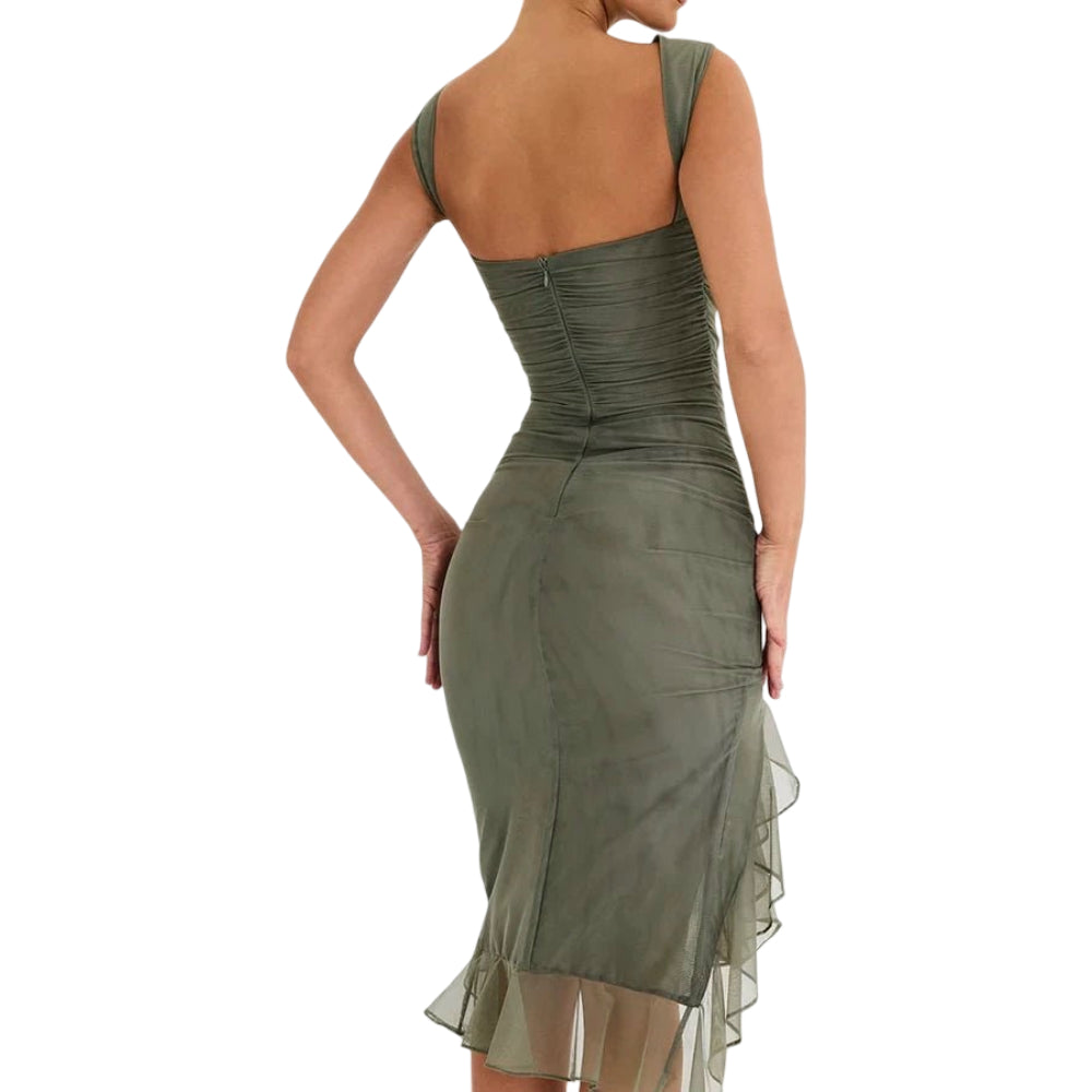 Vestidos Femininos Vestido de Festa Midi Franzido Ombro a Ombro