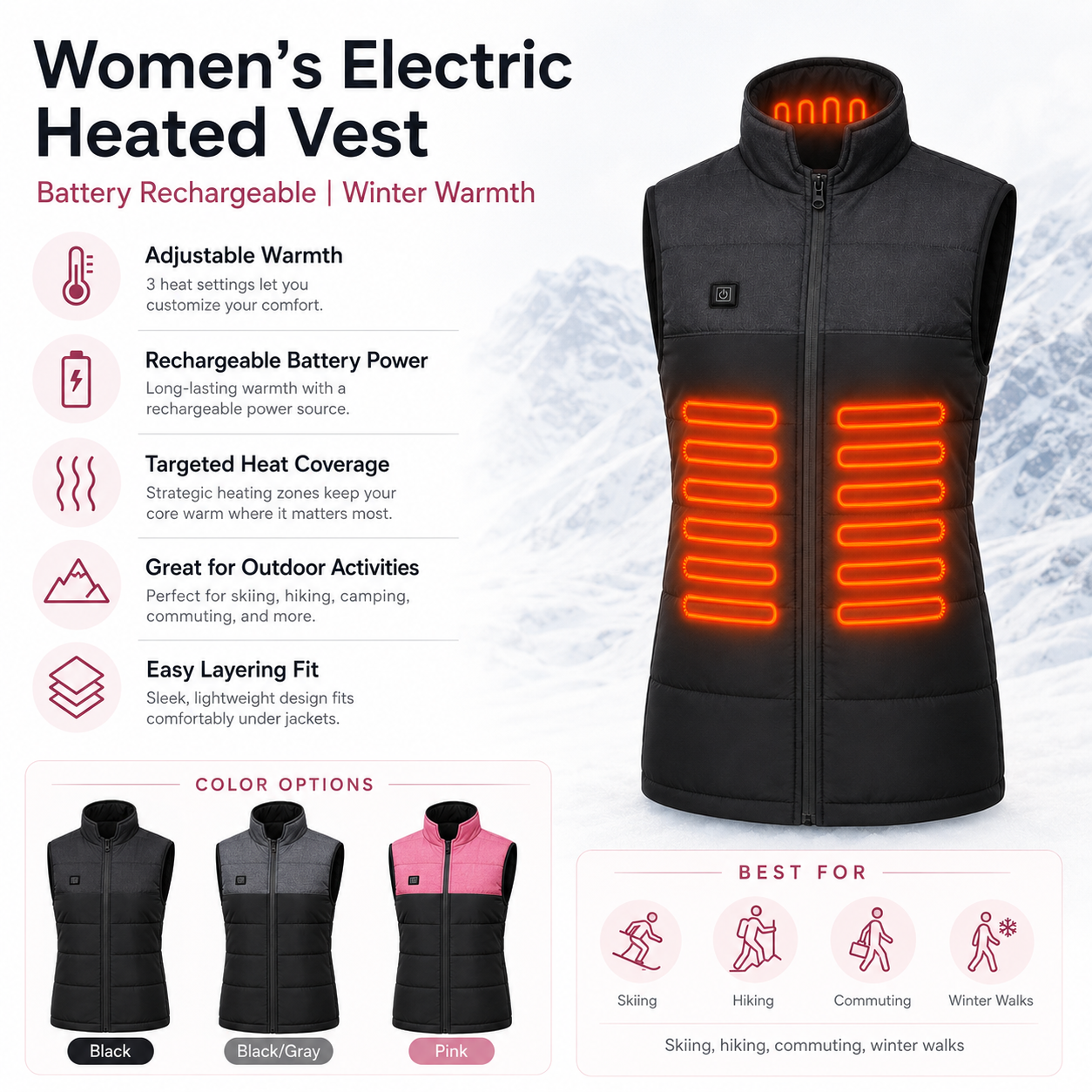 Colete Feminino Elétrico com Bateria Recarregável | Calor de Inverno