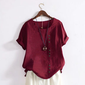 Women's Tops Casual Short Sleeve Button Front Round Neck Shirt