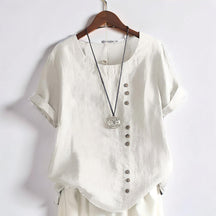Women's Tops Casual Short Sleeve Button Front Round Neck Shirt