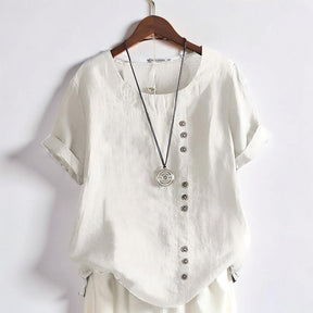 Women's Tops Casual Short Sleeve Button Front Round Neck Shirt