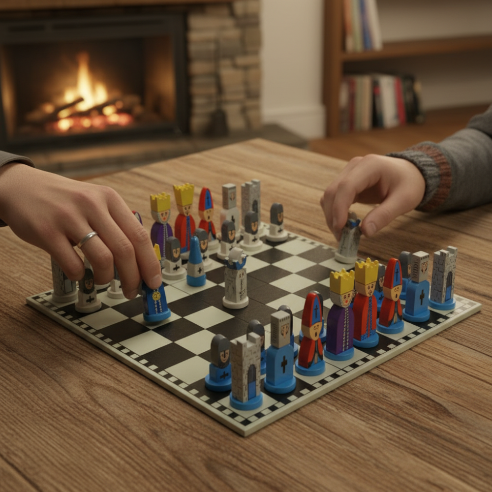 Jogo de Xadrez de Madeira Tabuleiro de Estratégia em Desenho Animado