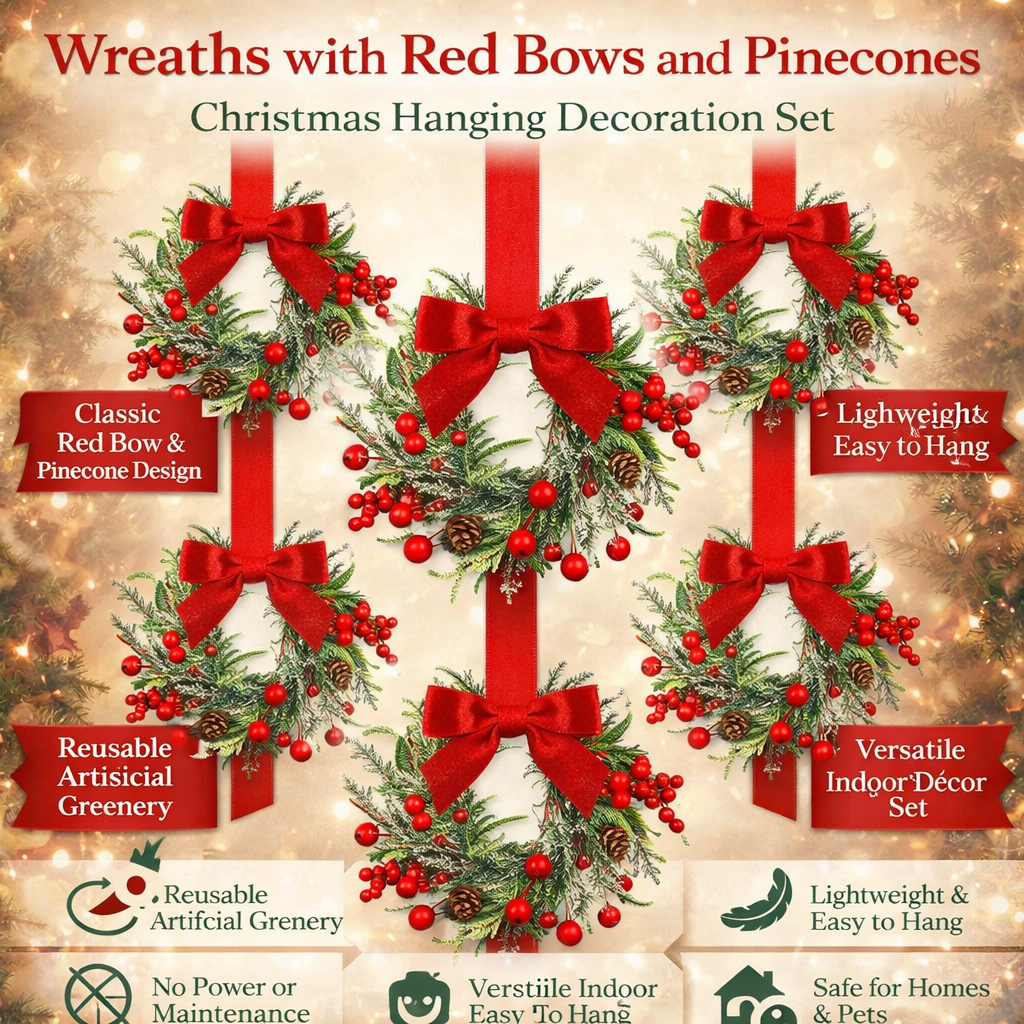 Guirlanda de Natal com Laço Vermelho e Pinha Decoração Festiva