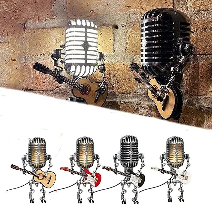 Robô Microfone de Metal Vintage com Luminária de Guitarra