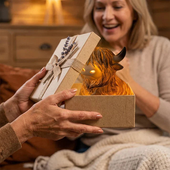 Luminária Noturna de Resina de Vaca Highland – Luz Âmbar Acolhedora e Abajur Decorativo
