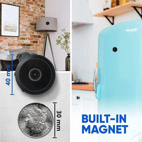 Minicâmera Magnética Sem Fio – Transmissão de Áudio e Vídeo ao Vivo com Suporte Magnético para Casa e Carro