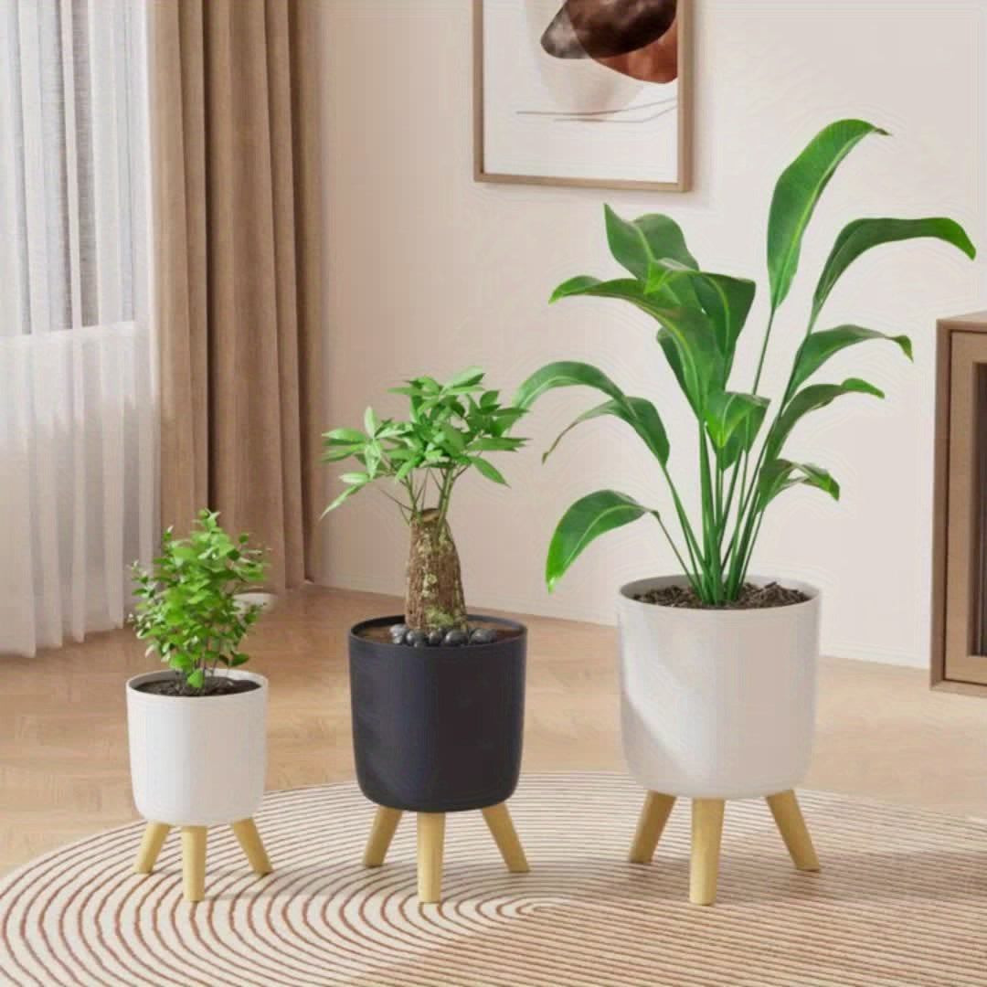 Cachepô Redondo Moderno com Pés de Madeira | Vaso Decorativo para Plantas Internas e Externas