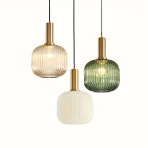 Modern Striped Glass Pendant Light | Brass & Ribbed Glass Shade