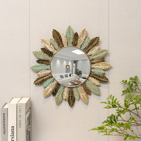 Espelho de Parede Boho Sunburst em Metal | Design em Azul-petróleo e Folha de Ouro