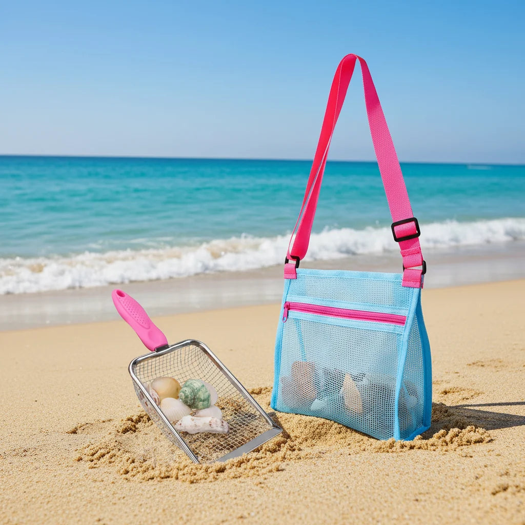 Brinquedo de praia infantil, peneira de areia e pá coletora de conchas