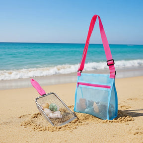 Brinquedo de praia infantil, peneira de areia e pá coletora de conchas