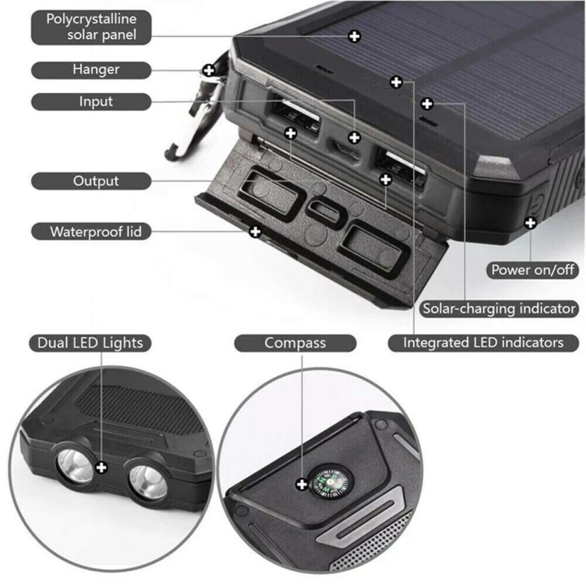 Carregador Solar de 500.000 mAh, Power Bank à Prova d'Água, Bateria Externa