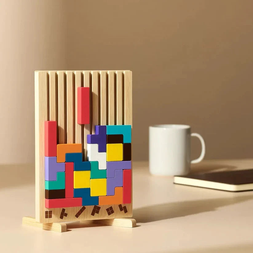 Tabuleiro de Quebra-Cabeça Tetris de Madeira – Brinquedo de Mesa para Estimulação Mental e Jogo de Estratégia Tangram