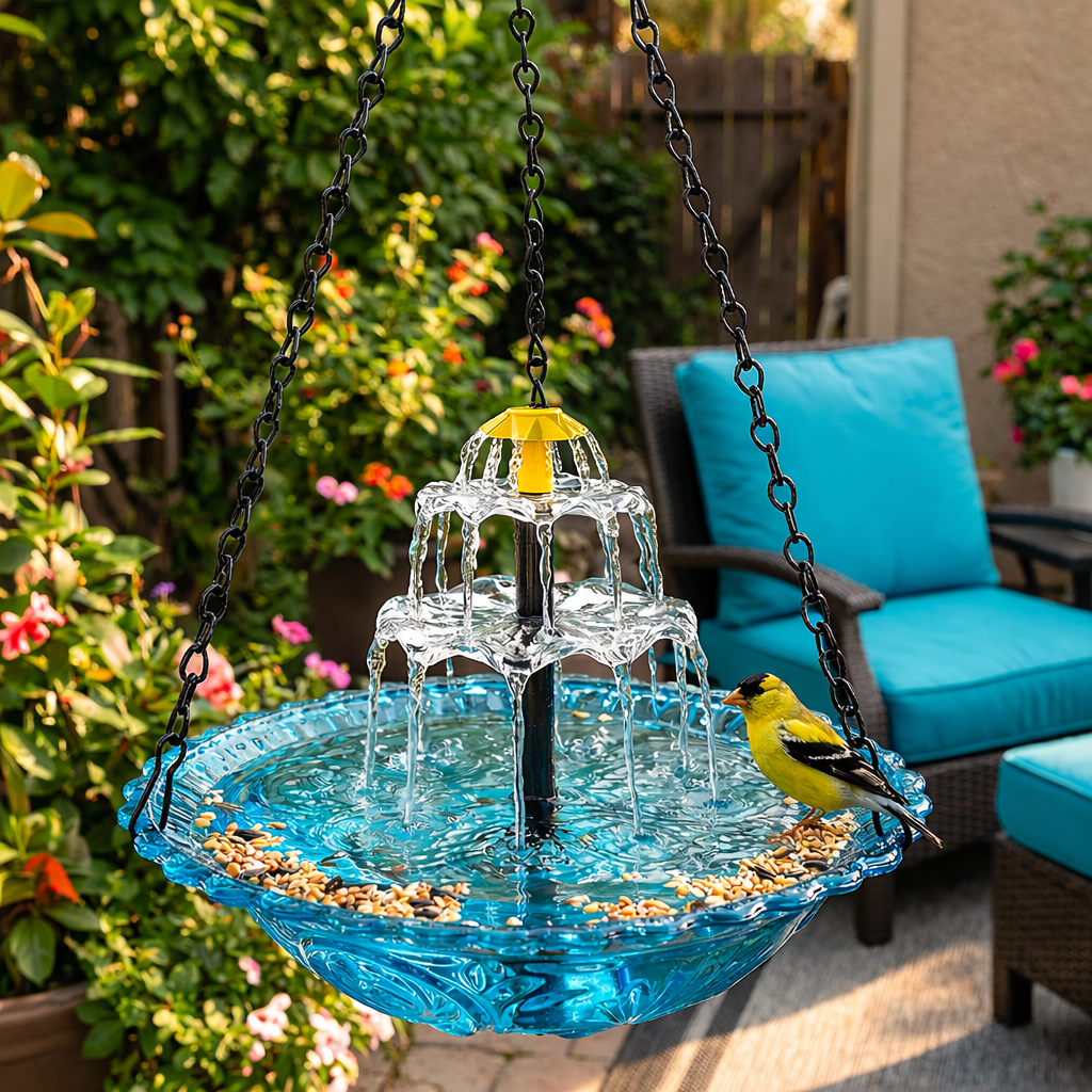 Fonte de Água Solar para Pássaros – Cascata de Jardim de Dois Níveis e Sem Necessidade de Energia