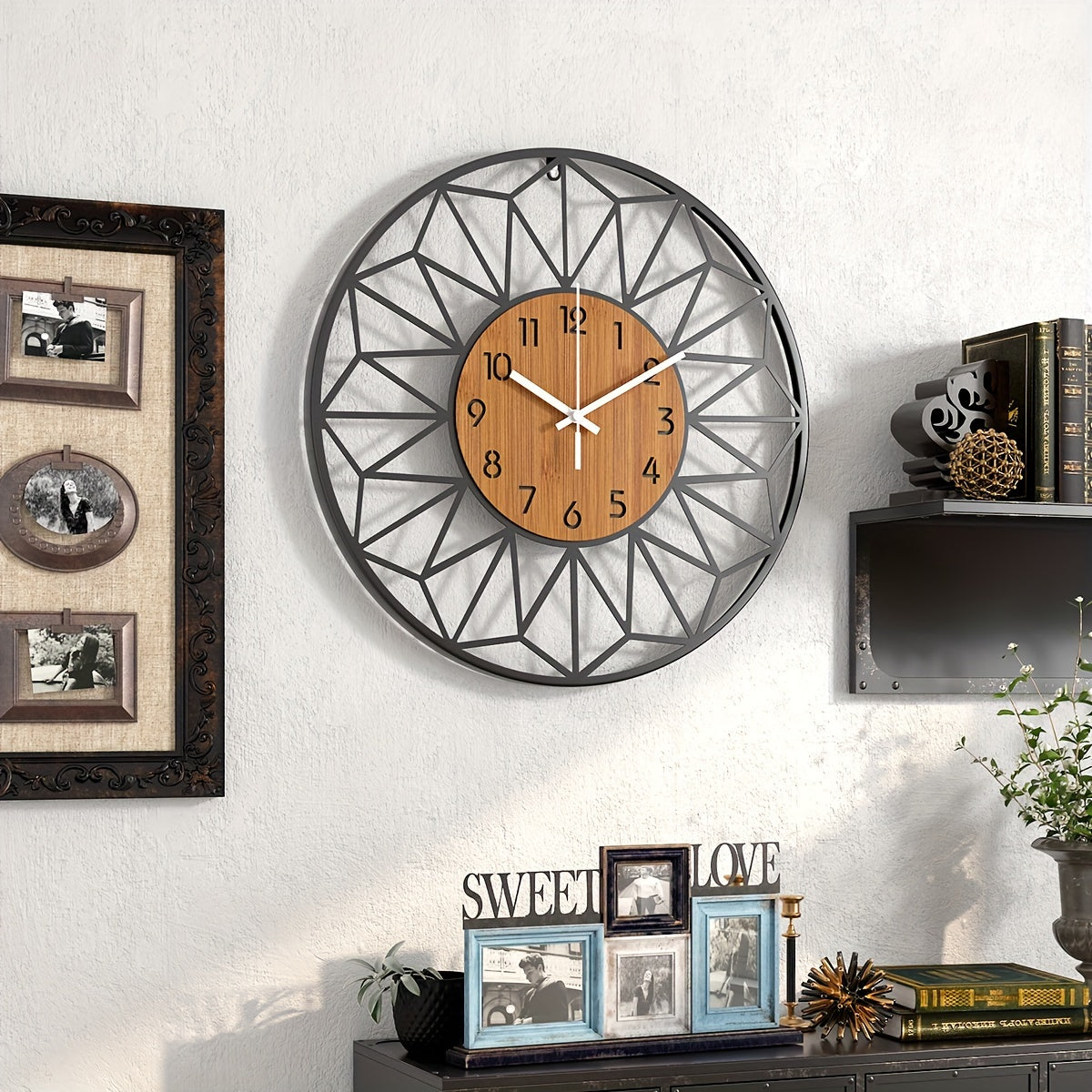 Modern Metal Wall Clock | Wood Grain Centre Design