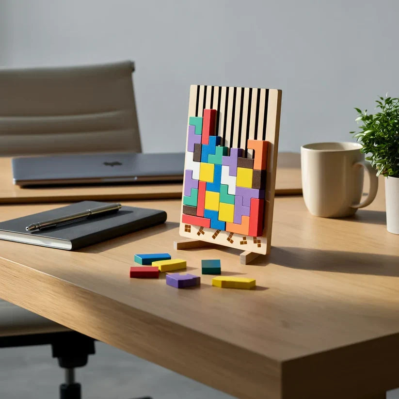 Tabuleiro de Quebra-Cabeça Tetris de Madeira – Brinquedo de Mesa para Estimulação Mental e Jogo de Estratégia Tangram