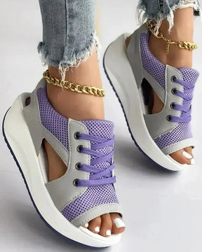 Contrast Paneled Cutout Lace-up Muffin Sandals