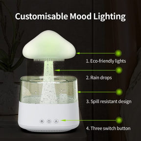 Luminária de Mesa 2 em 1: Umidificador de Nuvem de Chuva, Difusor de Óleo Essencial Zen e Abajur de Cogumelo com Efeito de Chuva