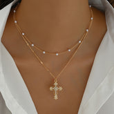 Necklace Cross Pendant Mothers Day Gold Layered Beaded Necklace