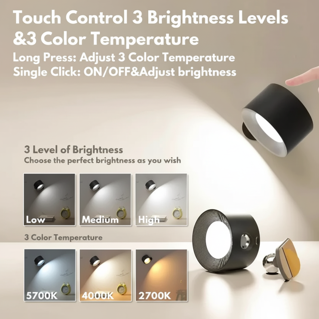 Luminária de Parede LED Recarregável com Suporte Magnético Ajustável