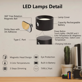 Luminária de Parede LED Recarregável com Suporte Magnético Ajustável
